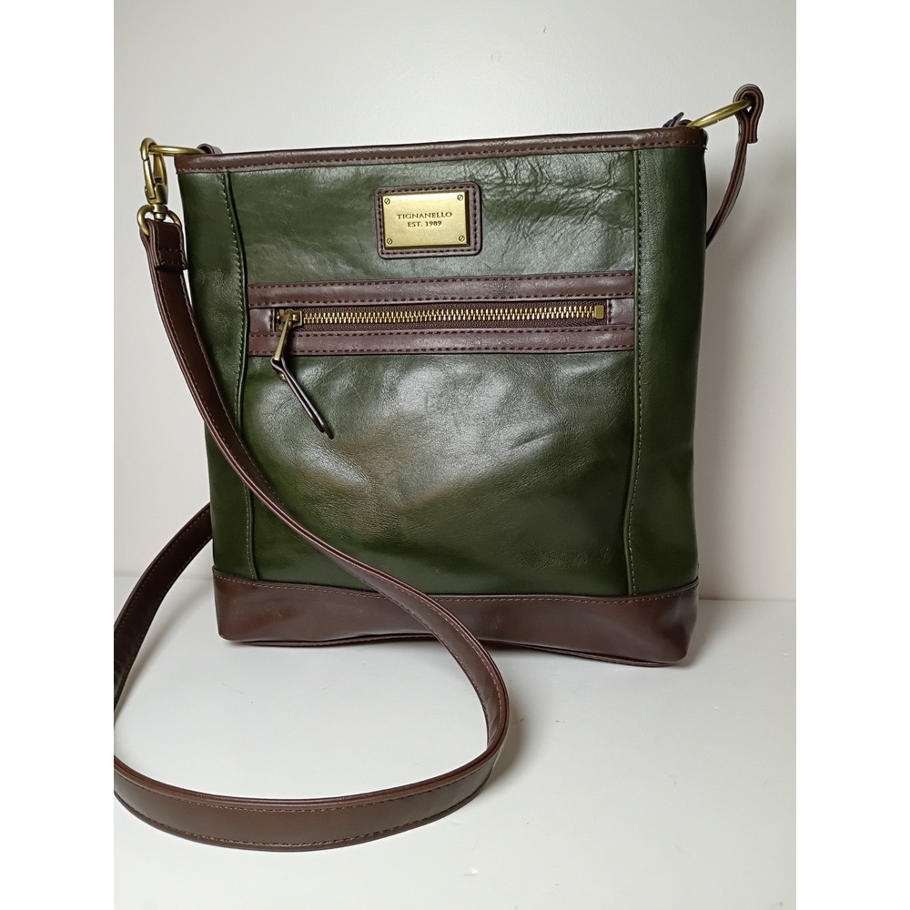 Tignanello Leather Crossbody Bag purse Hunter Green Brown RFID Multi Pocket